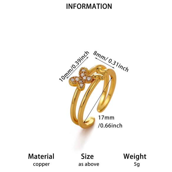 Women's Copper Zircon Butterfly Open Ring With Cute Animal Design And Gold Plated Finish Wholesale Fashion Jewelry