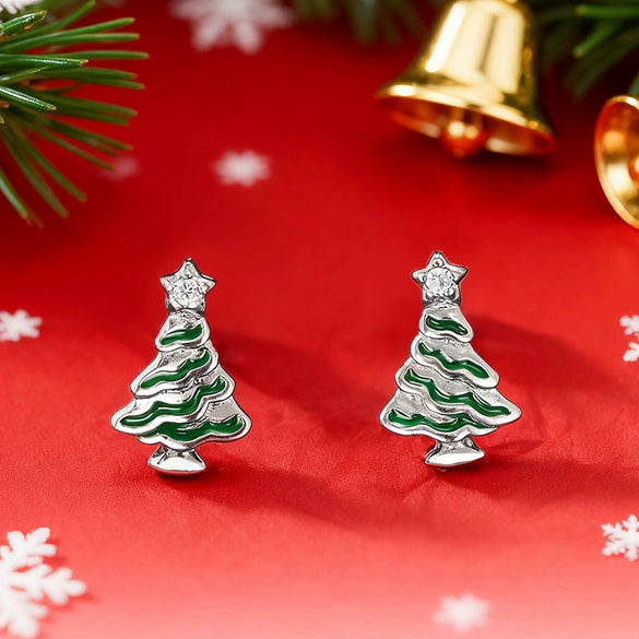 Women's Copper Zircon Christmas Tree Earrings With Geometric Star Design Holiday Jewelry