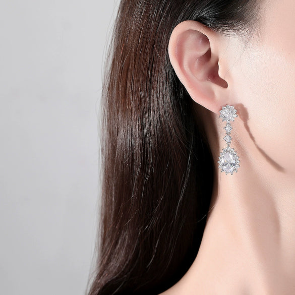Women's Copper Zircon Drop Earrings Electroplated Bridal Wedding Jewelry With Elegant Teardrop Design