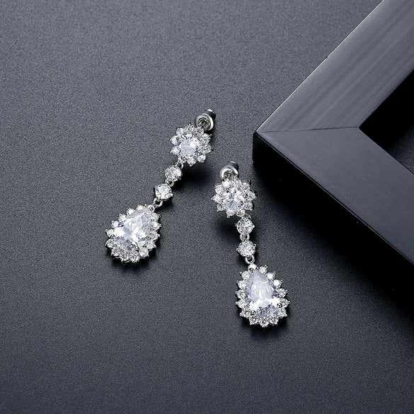 Women's Copper Zircon Drop Earrings Electroplated Bridal Wedding Jewelry With Elegant Teardrop Design