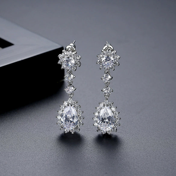 Women's Copper Zircon Drop Earrings Electroplated Bridal Wedding Jewelry With Elegant Teardrop Design