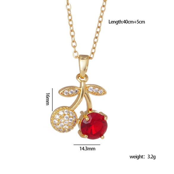 Women's Copper Zircon Fruit Red Cherry Pendant Necklace With Electroplating And Mixed Gemstone Inlay