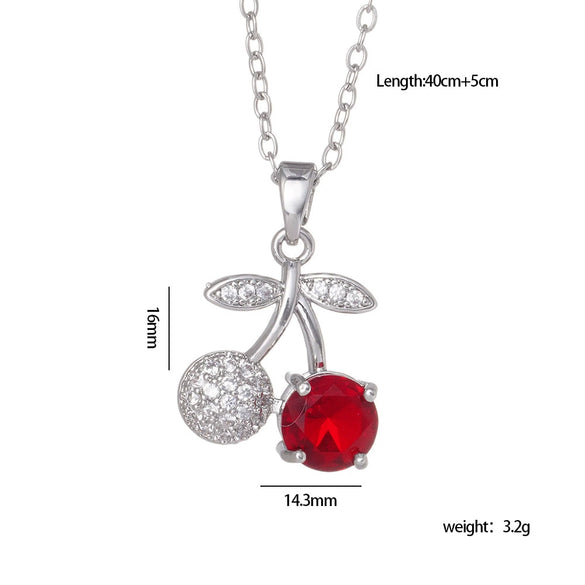 Women's Copper Zircon Fruit Red Cherry Pendant Necklace With Electroplating And Mixed Gemstone Inlay