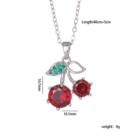 Women's Copper Zircon Fruit Red Cherry Pendant Necklace With Electroplating And Mixed Gemstone Inlay