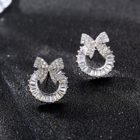 Women's Copper Zircon Geometric Circle Bow Stud Earrings