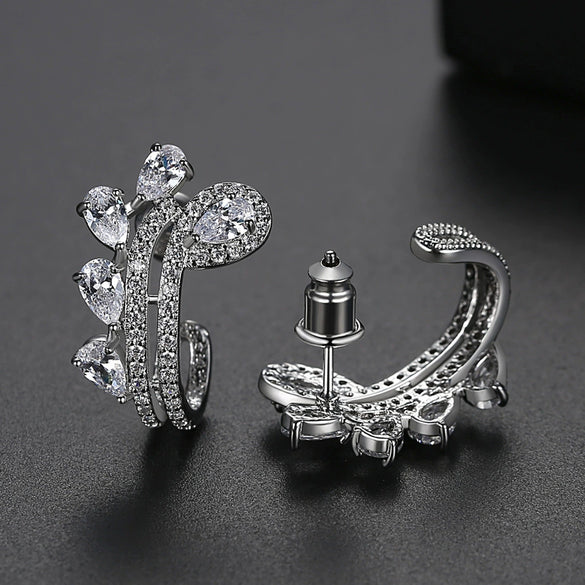 Women's Copper Zircon Inlaid Leaf Pattern Fashion Earrings Elegant Wholesale Jewelry