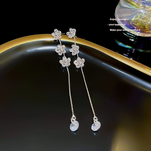 Women's Copper Zircon Inlaid Petal And Flower Design Long Tassel Earrings