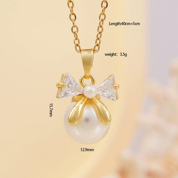 Women's Copper Zircon Necklace With Bow Pearl Pendant Electroplating Mixed Gemstone Inlay Light Luxury Design