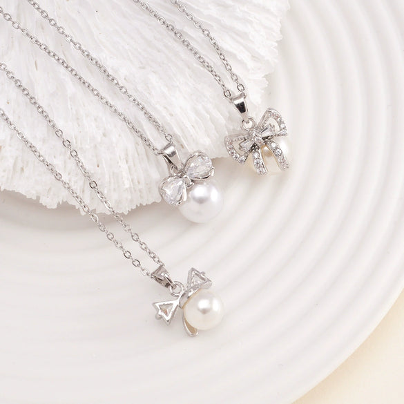 Women's Copper Zircon Necklace With Bow Pearl Pendant Electroplating Mixed Gemstone Inlay Light Luxury Design