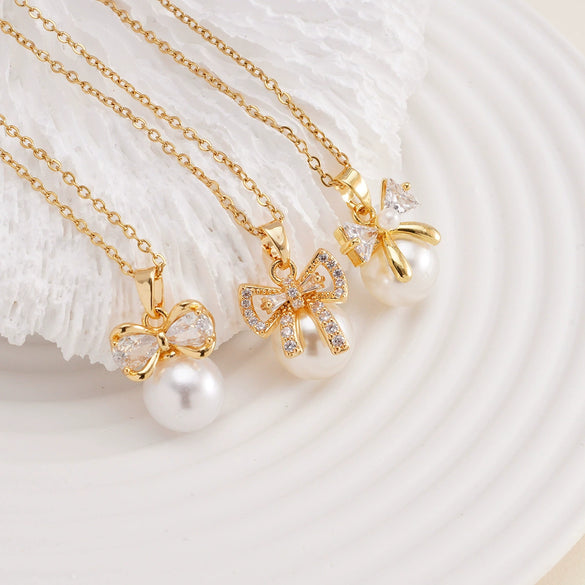 Women's Copper Zircon Necklace With Bow Pearl Pendant Electroplating Mixed Gemstone Inlay Light Luxury Design