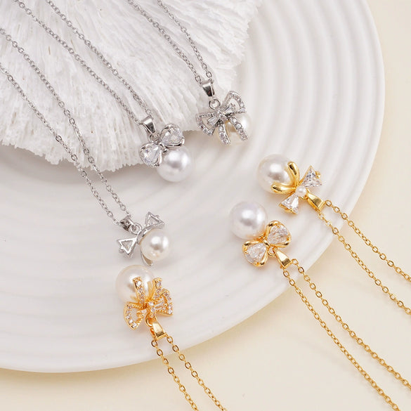 Women's Copper Zircon Necklace With Bow Pearl Pendant Electroplating Mixed Gemstone Inlay Light Luxury Design