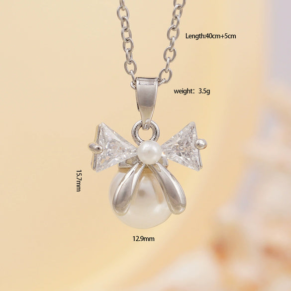 Women's Copper Zircon Necklace With Bow Pearl Pendant Electroplating Mixed Gemstone Inlay Light Luxury Design