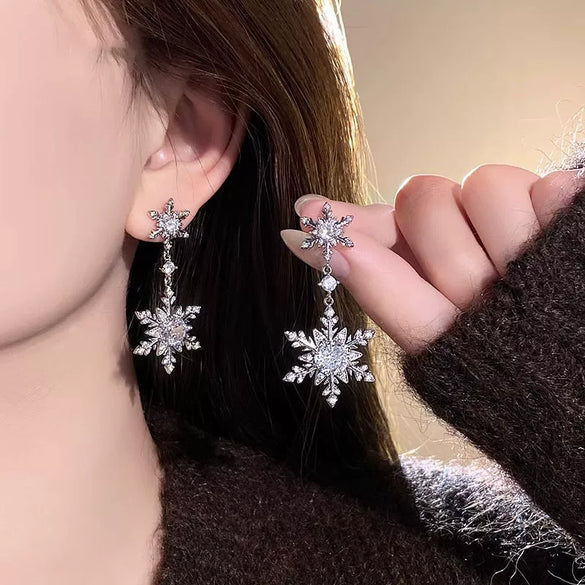 Women's Copper Zircon Snowflake Pendant Earrings With Steel Ear Posts Minimalist Light Luxury Floral Design