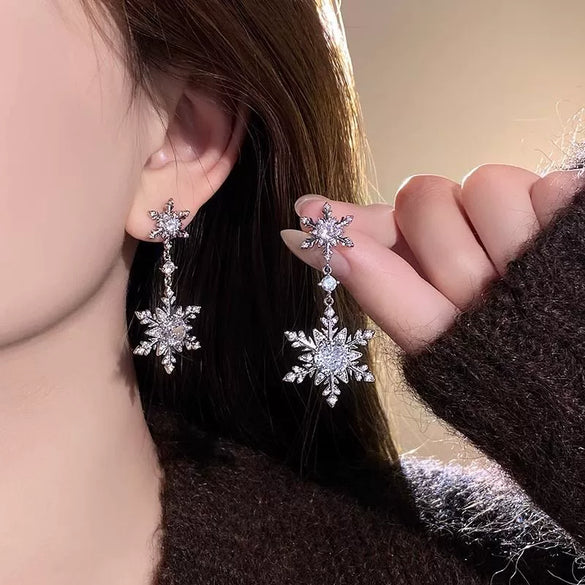 Women's Copper Zircon Snowflake Pendant Earrings With Steel Ear Posts Minimalist Light Luxury Floral Design