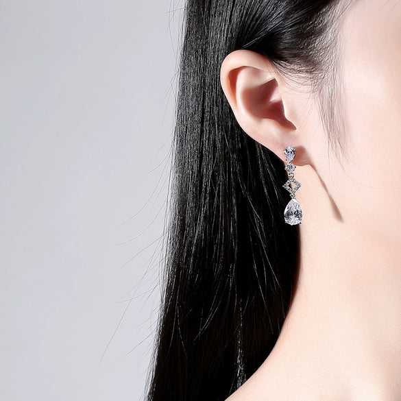 Women's Copper Zircon Water Drop Earrings With Geometric Long Square Design For Bridal And Evening Wear