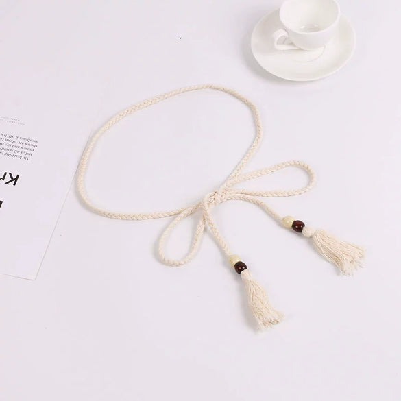 Women's Cotton Rope Handwoven Handmade Beaded Decorative Belt With Wooden Beads And Rope Tassel Accessories