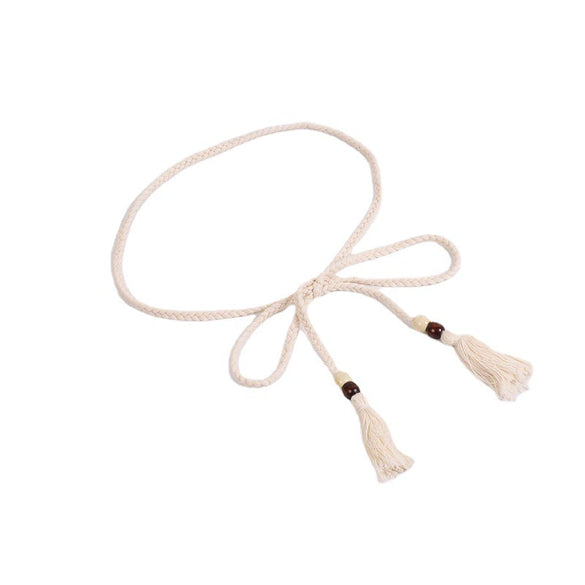 Women's Cotton Rope Handwoven Handmade Beaded Decorative Belt With Wooden Beads And Rope Tassel Accessories