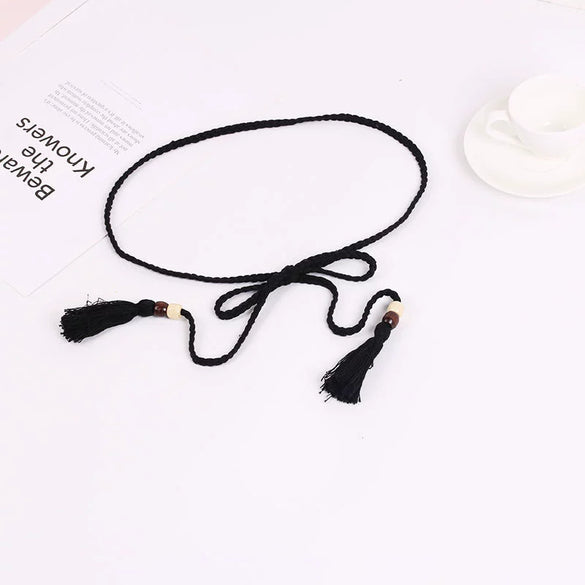 Women's Cotton Rope Handwoven Handmade Beaded Decorative Belt With Wooden Beads And Rope Tassel Accessories