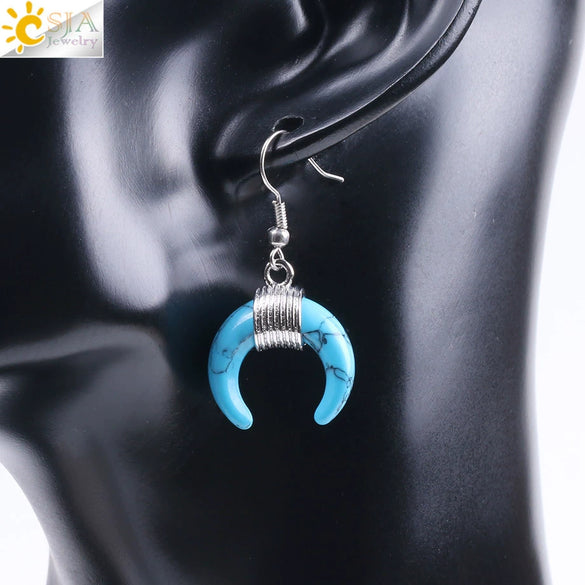 Women's Crescent Moon Natural Stone And Alloy Hook Earrings With Electroplated Winding Design