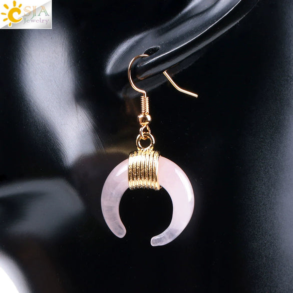 Women's Crescent Moon Natural Stone And Alloy Hook Earrings With Electroplated Winding Design