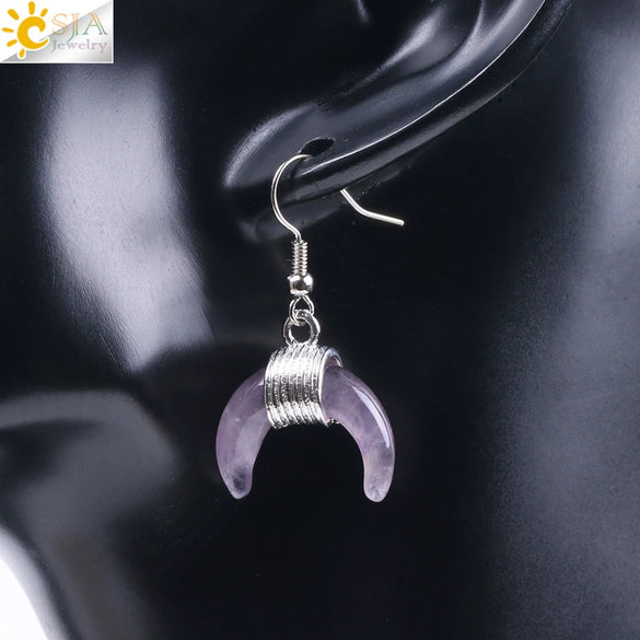 Women's Crescent Moon Natural Stone And Alloy Hook Earrings With Electroplated Winding Design