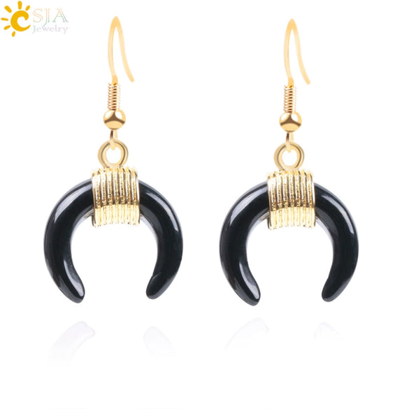 Women's Crescent Moon Natural Stone And Alloy Hook Earrings With Electroplated Winding Design