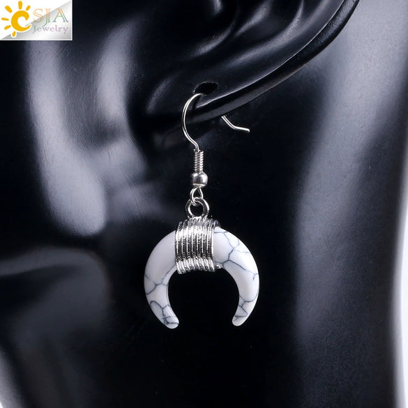 Women's Crescent Moon Natural Stone And Alloy Hook Earrings With Electroplated Winding Design
