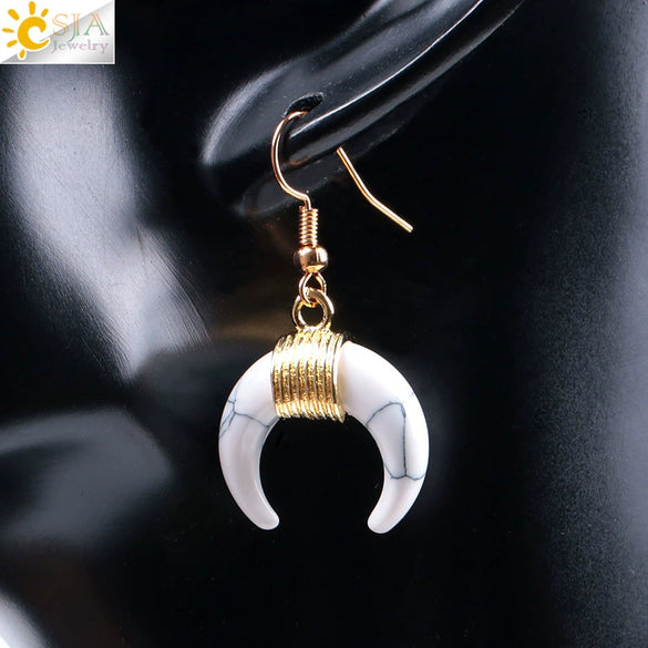 Women's Crescent Moon Natural Stone And Alloy Hook Earrings With Electroplated Winding Design