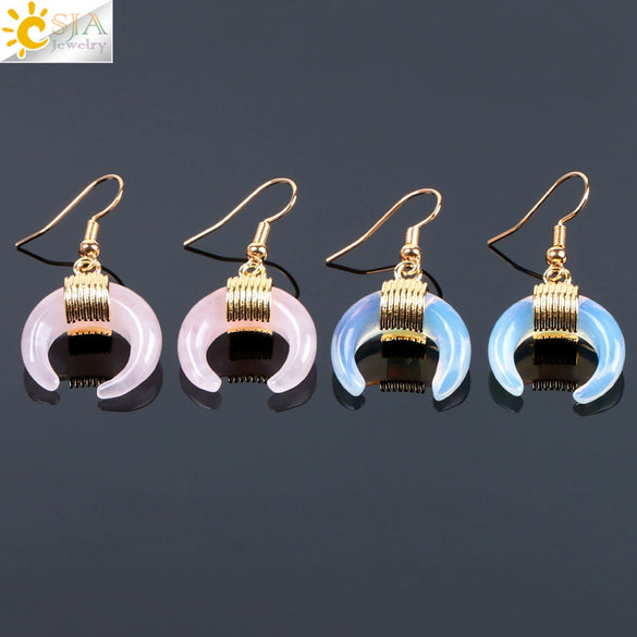 Women's Crescent Moon Natural Stone And Alloy Hook Earrings With Electroplated Winding Design