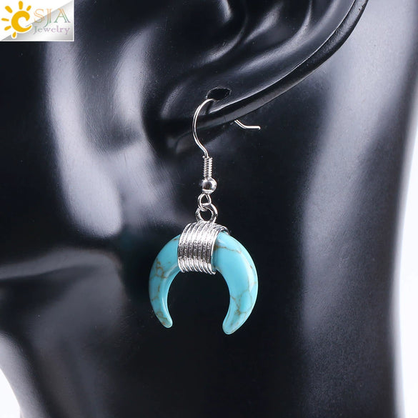 Women's Crescent Moon Natural Stone And Alloy Hook Earrings With Electroplated Winding Design