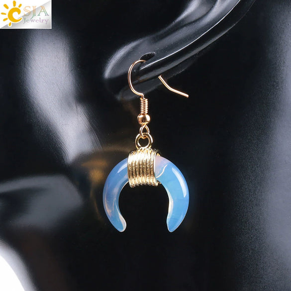 Women's Crescent Moon Natural Stone And Alloy Hook Earrings With Electroplated Winding Design