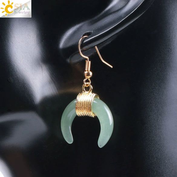 Women's Crescent Moon Natural Stone And Alloy Hook Earrings With Electroplated Winding Design