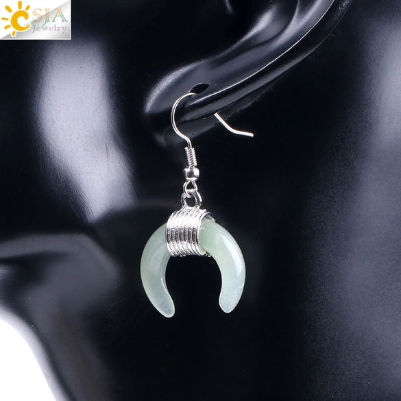 Women's Crescent Moon Natural Stone And Alloy Hook Earrings With Electroplated Winding Design