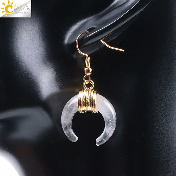 Women's Crescent Moon Natural Stone And Alloy Hook Earrings With Electroplated Winding Design