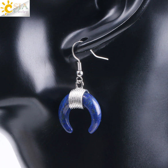 Women's Crescent Moon Natural Stone And Alloy Hook Earrings With Electroplated Winding Design