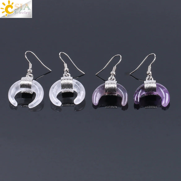 Women's Crescent Moon Natural Stone And Alloy Hook Earrings With Electroplated Winding Design
