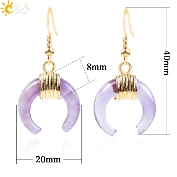Women's Crescent Moon Natural Stone And Alloy Hook Earrings With Electroplated Winding Design