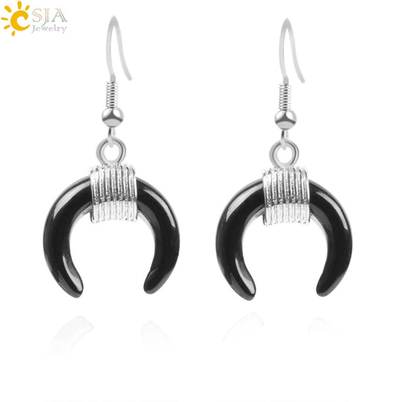 Women's Crescent Moon Natural Stone And Alloy Hook Earrings With Electroplated Winding Design