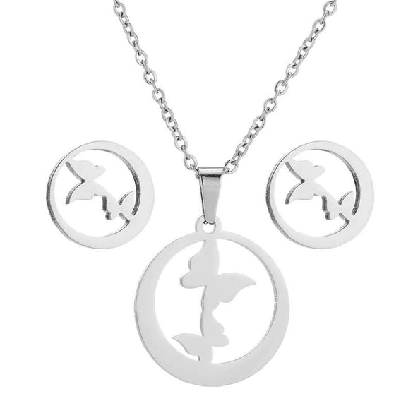 Women's Crown Pattern Stainless Steel Necklace And Earrings Set With Electroplated Finish And O Chain Design