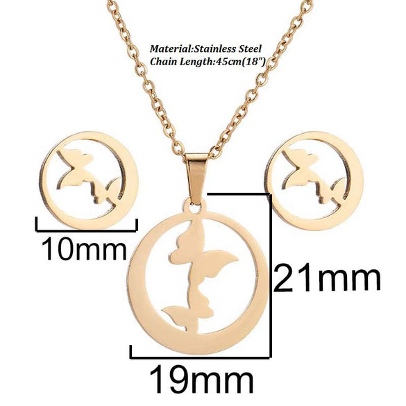 Women's Crown Pattern Stainless Steel Necklace And Earrings Set With Electroplated Finish And O Chain Design