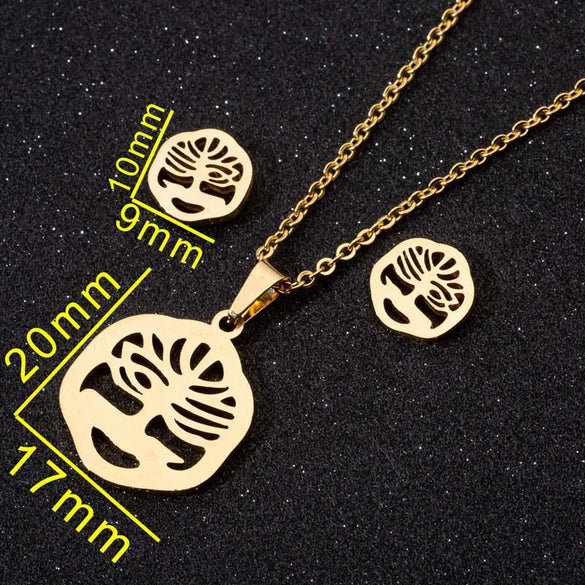 Women's Crown Pattern Stainless Steel Necklace And Earrings Set With Electroplated Finish And O Chain Design
