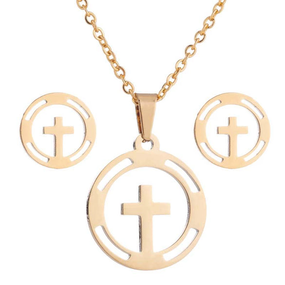 Women's Crown Pattern Stainless Steel Necklace And Earrings Set With Electroplated Finish And O Chain Design