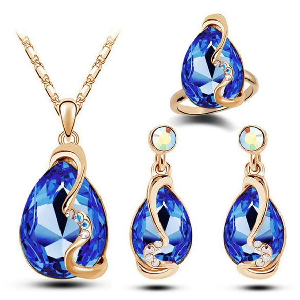 Women's Crystal Dropshaped Jewelry Set With Earrings Necklace And Ring Electroplated Alloy And Bamboo Chain Design