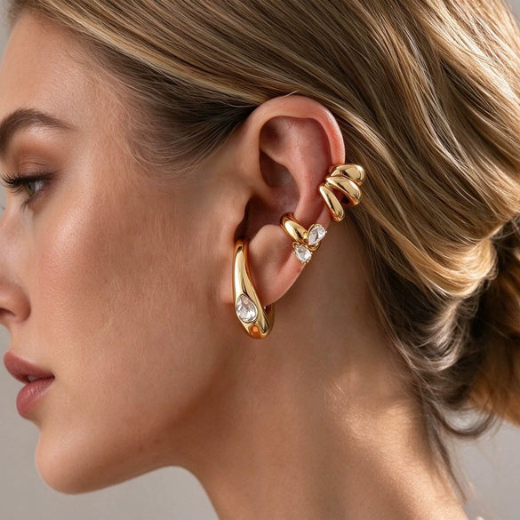 Women's Cshaped Geometric Zircon Clipon Earring Set Multilayer Spiral Ear Cuff Design With Goldtone Electroplating