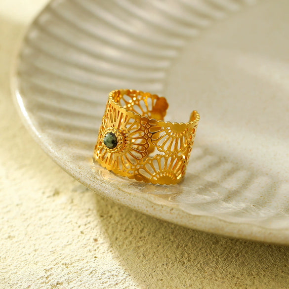 Women's Cut Out Inlaid Natural Stone Ring Titanium Steel 18K Gold Electroplated