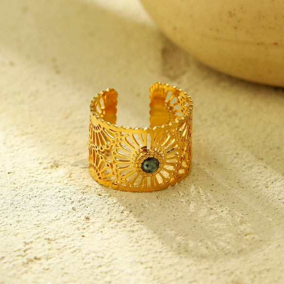 Women's Cut Out Inlaid Natural Stone Ring Titanium Steel 18K Gold Electroplated