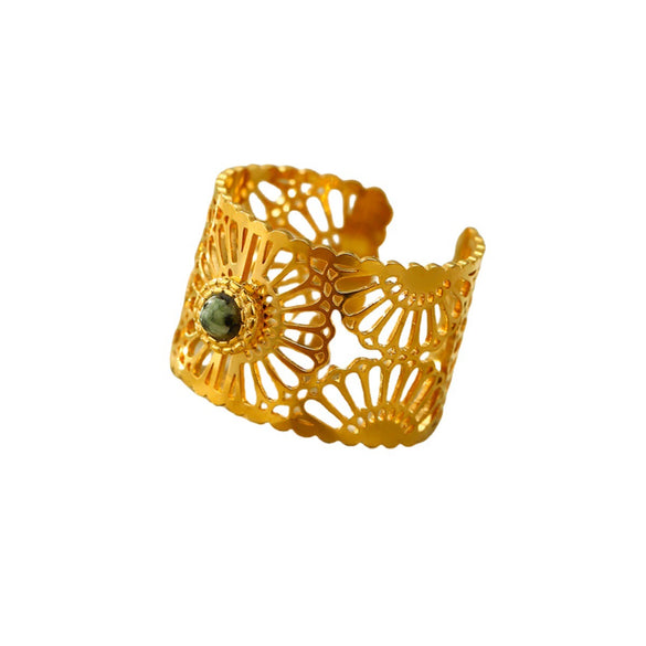 Women's Cut Out Inlaid Natural Stone Ring Titanium Steel 18K Gold Electroplated