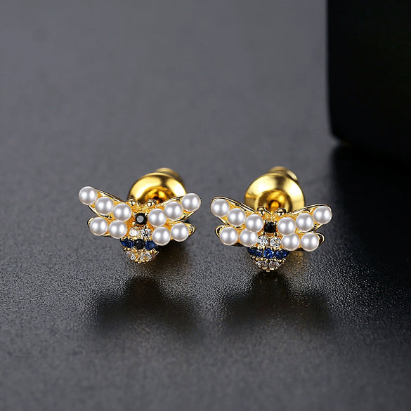 Women's Cute Bee Earrings With Zirconium And Pearl Accents Electroplated Copper Animal Jewelry