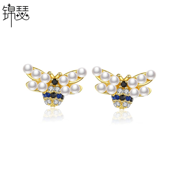 Women's Cute Bee Earrings With Zirconium And Pearl Accents Electroplated Copper Animal Jewelry