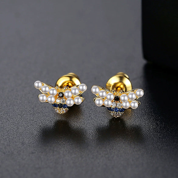 Women's Cute Bee Earrings With Zirconium And Pearl Accents Electroplated Copper Animal Jewelry